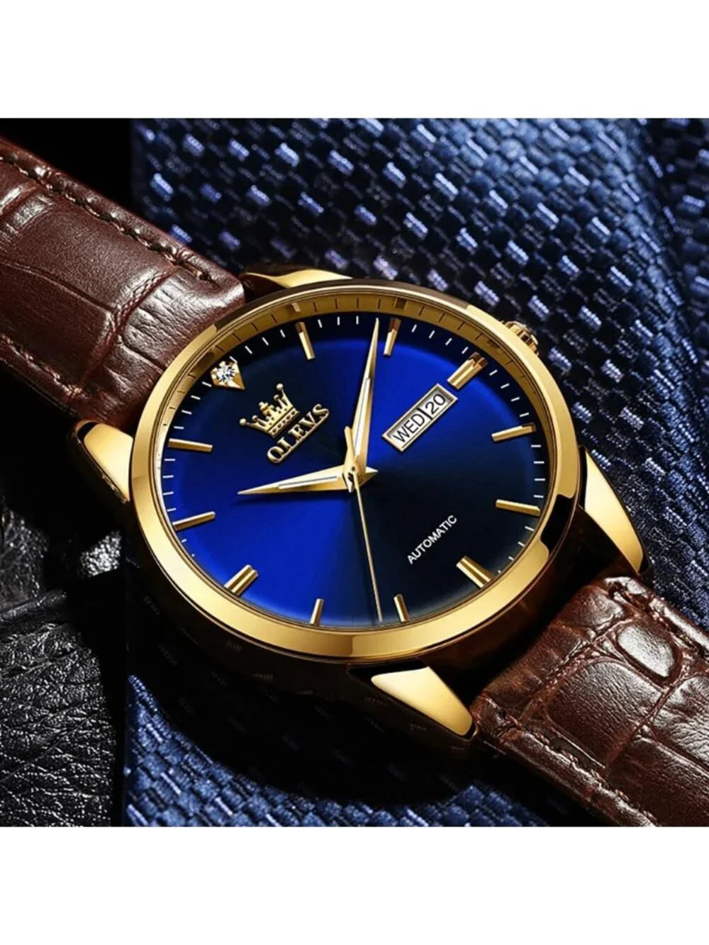 Men's Brown strap/Blue Dial Luxury Leather Band Mechanical Classic Wrist Watch